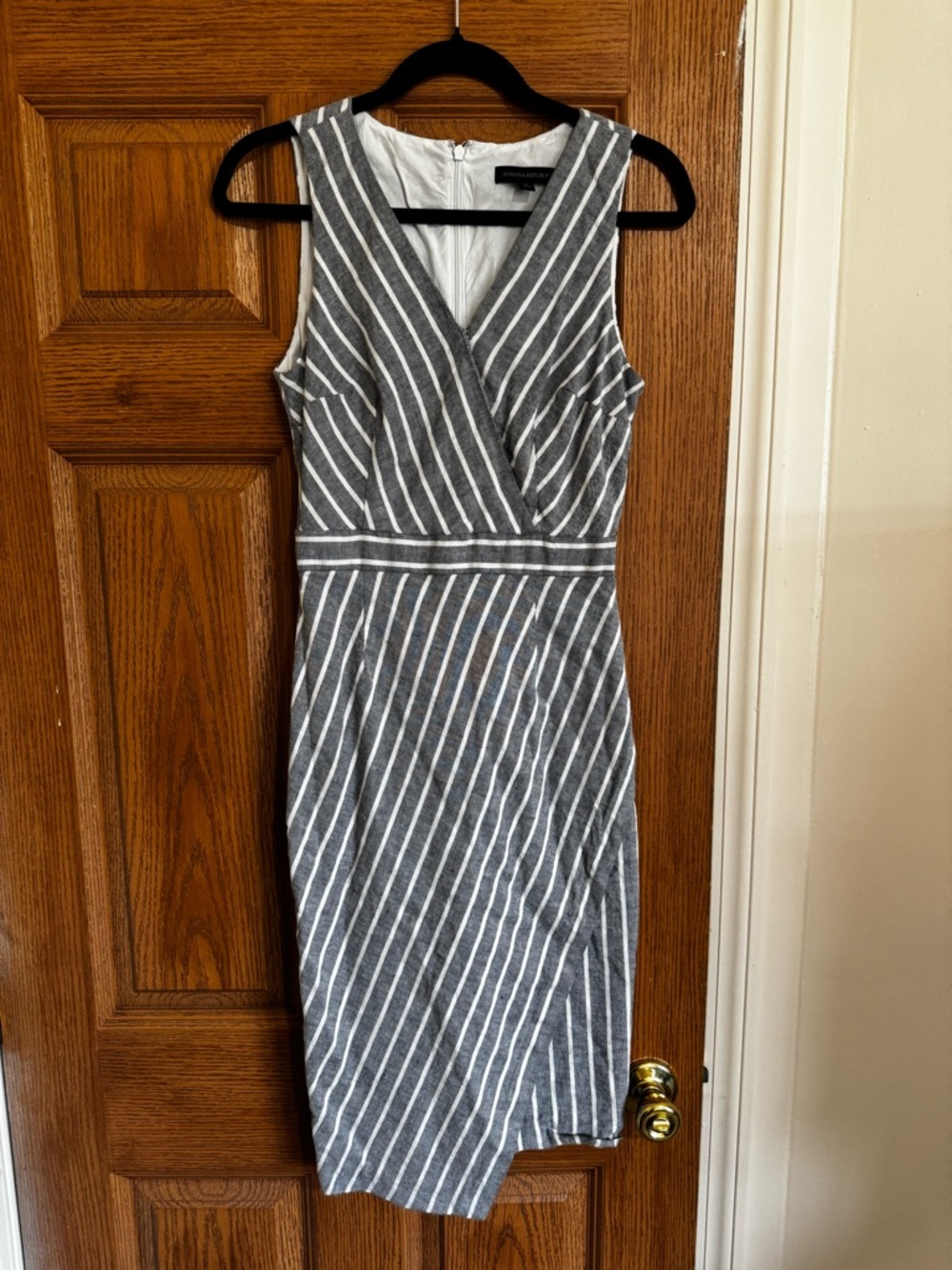 Banana Republic Gray and White Striped Midi Sheath Dress